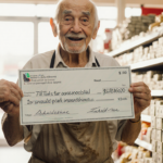 Elderly grocery worker holding large check with surprise and gratitude while philanthropist smiles beside stacks of $100 bill