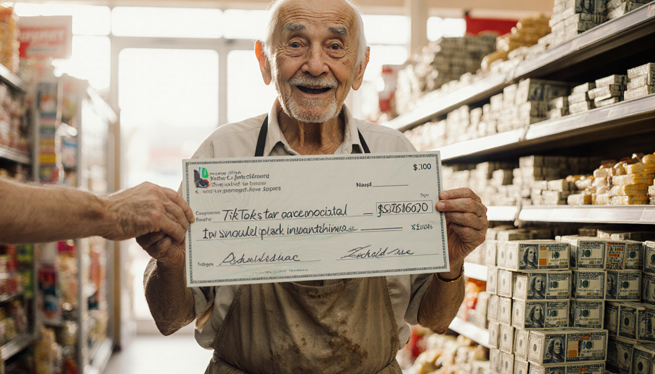 Elderly grocery worker holding large check with surprise and gratitude while philanthropist smiles beside stacks of $100 bill