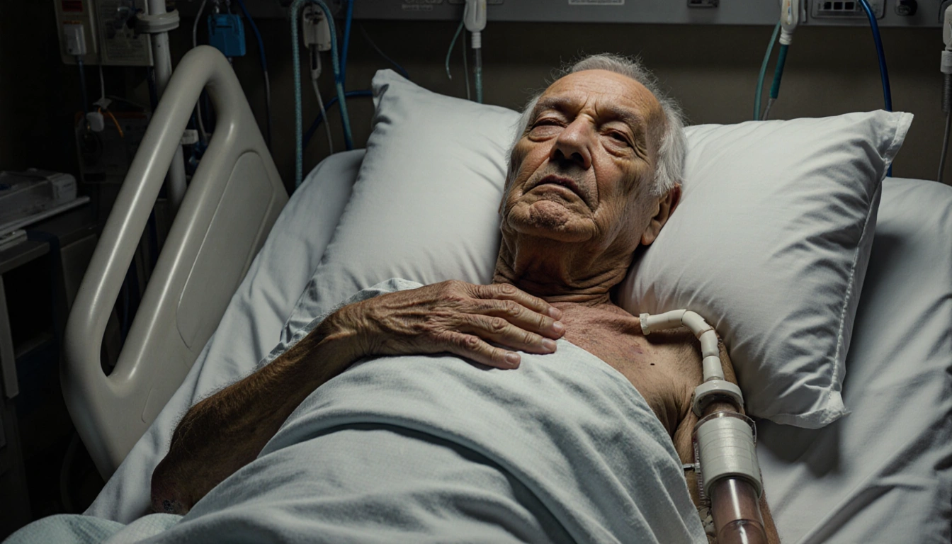 Elderly man lying in hospital bed with dim lighting and visible medical tubes and right side paralyzed and left arm on chest