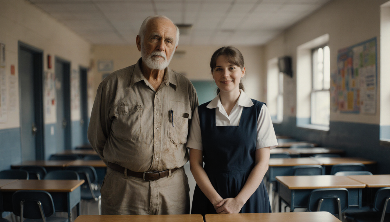 Elderly janitor stands beside daughter in teacher uniform at school desk with hands clasped behind her back blurred hallway