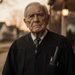Older judge standing beside front door with gun holster under jacket and porch light casting eerie glow