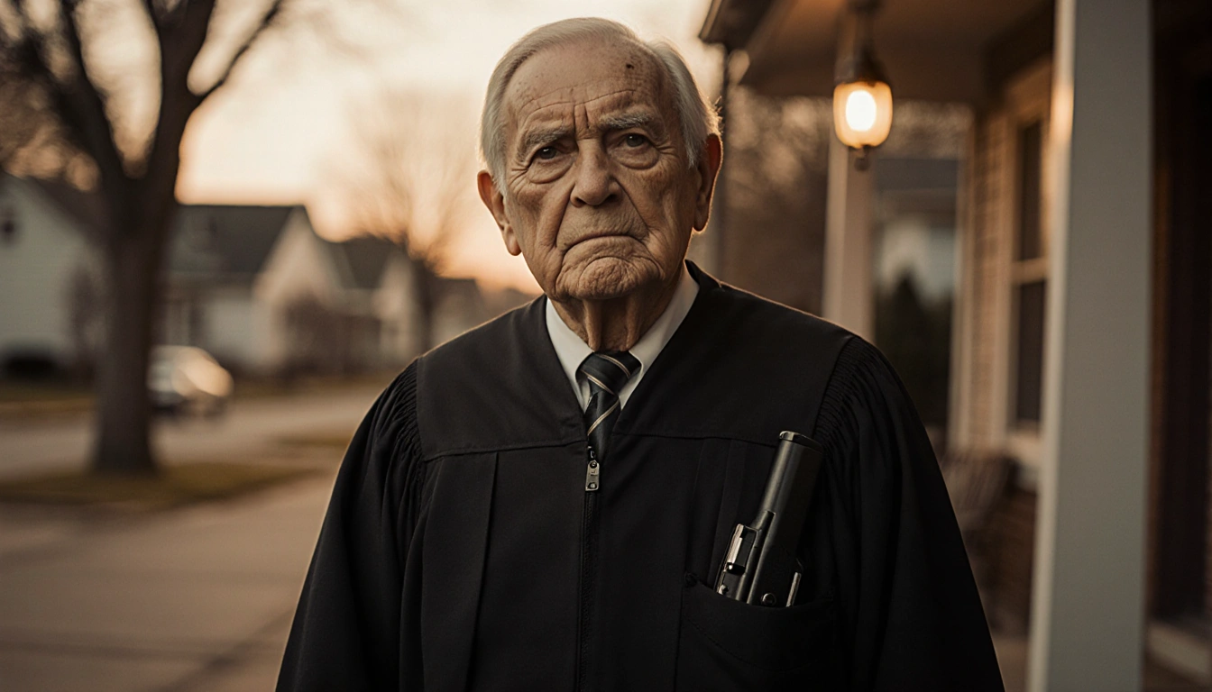Older judge standing beside front door with gun holster under jacket and porch light casting eerie glow