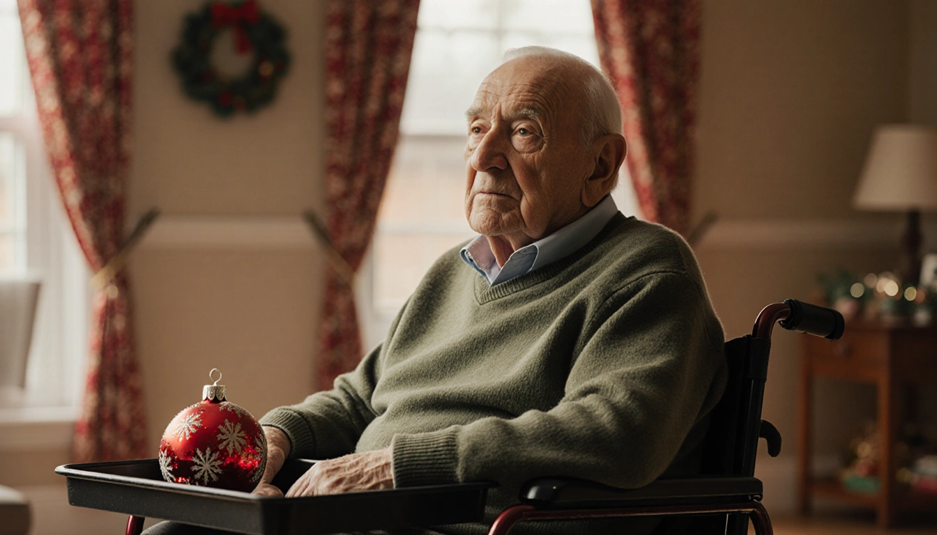 Elderly man sits in a wheelchair with a Christmas ornament on his lap tray