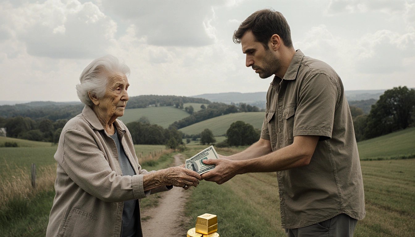 Elderly woman handing cash to suspicious stranger in rural Buckingham Township, gold coin near them