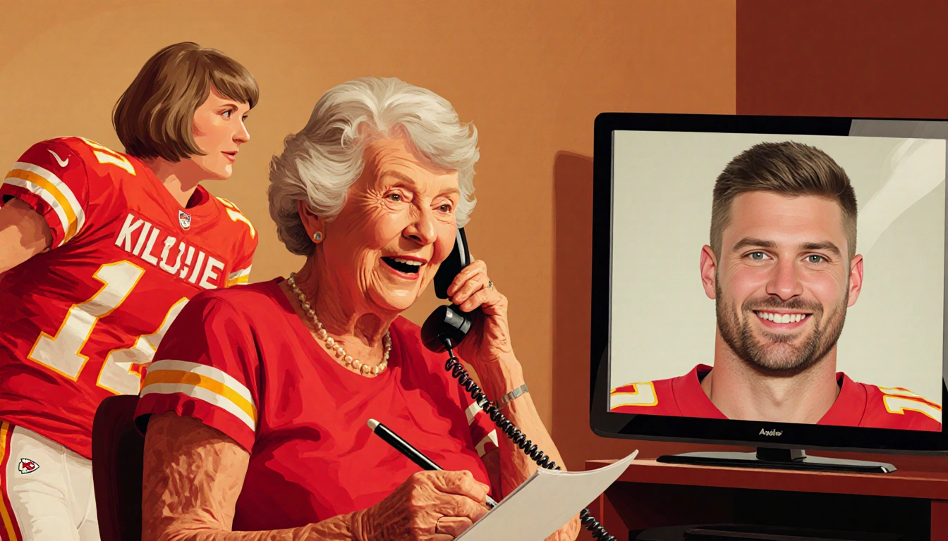 Elderly woman on phone holds notebook and pen while a Kansas City Chiefs jersey figure and Kelce’s profile appear on screen.