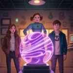 Eleven standing confidently beside Max, Lucas and Will near a glowing purple orb with supernatural powers in Hawkins Laborato