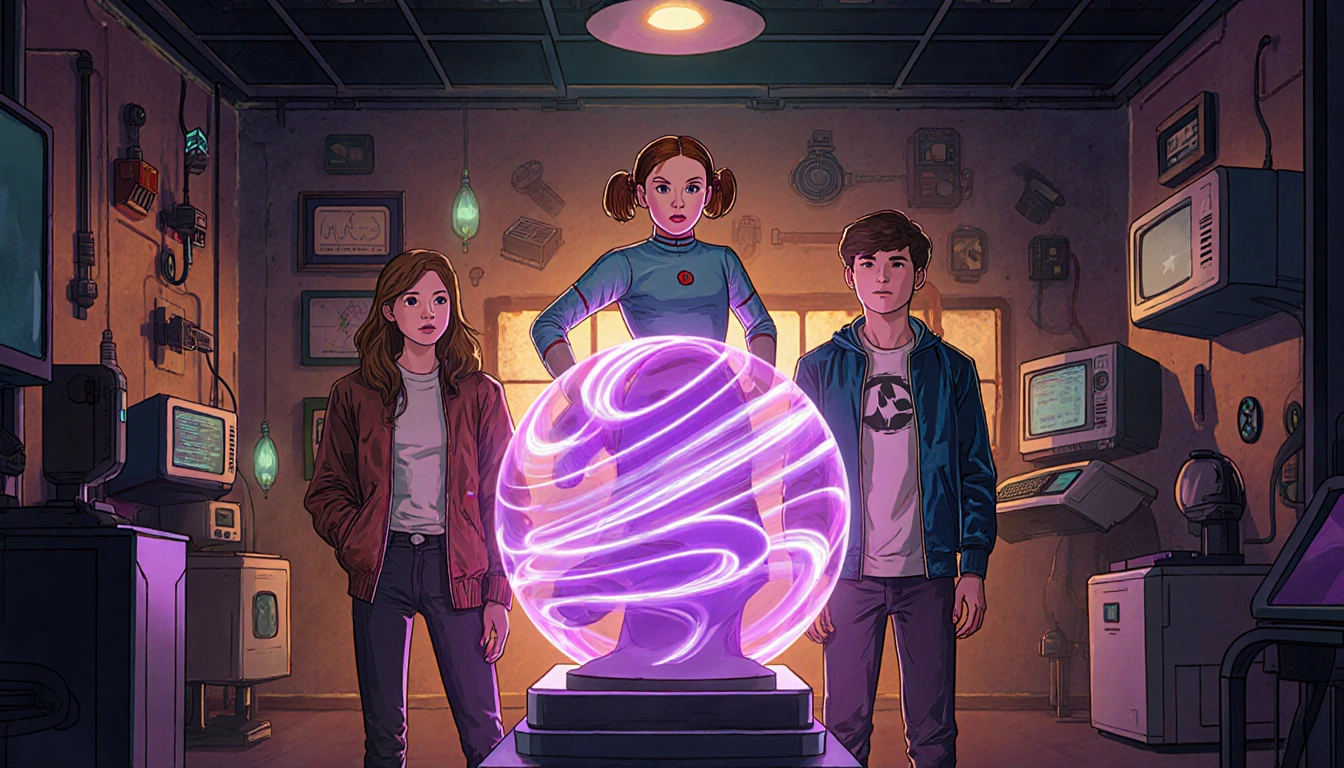 Eleven standing confidently beside Max, Lucas and Will near a glowing purple orb with supernatural powers in Hawkins Laborato