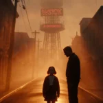 Eleven stands alone silhouetted with warm orange glow and fog in Hawkins with Abyss looming behind her.