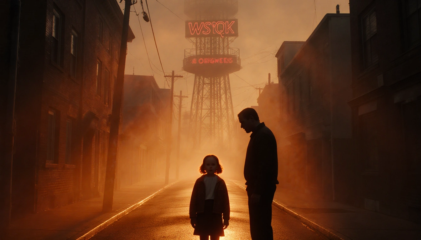 Eleven stands alone silhouetted with warm orange glow and fog in Hawkins with Abyss looming behind her.