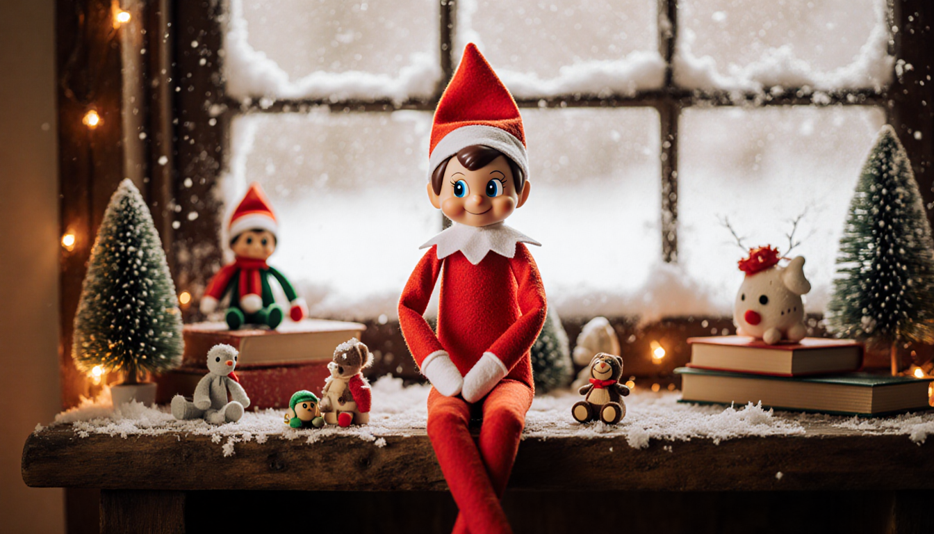 Elf perches on rustic shelf with festive decorations surrounding it.