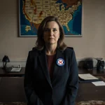 Rep. Elise Stefanik standing in front of a wooden desk with faded X badge blurred map behind her