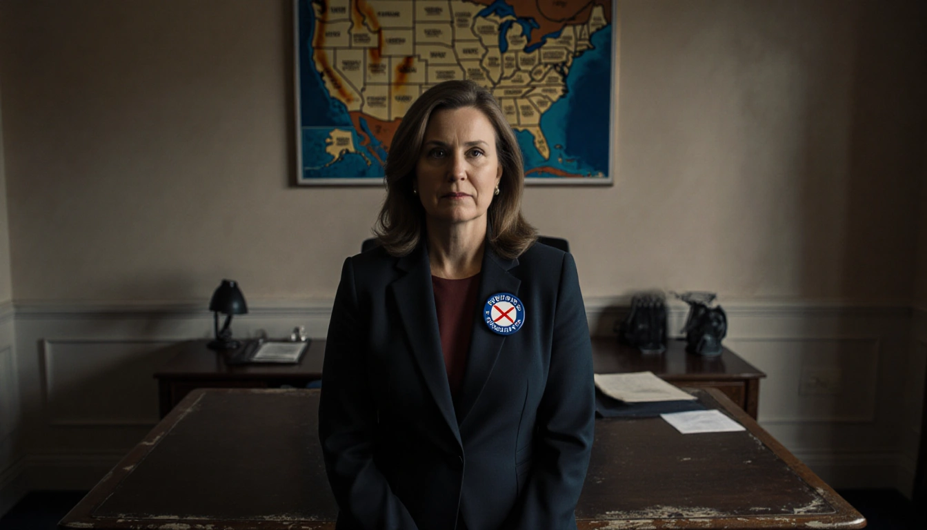 Rep. Elise Stefanik standing in front of a wooden desk with faded X badge blurred map behind her