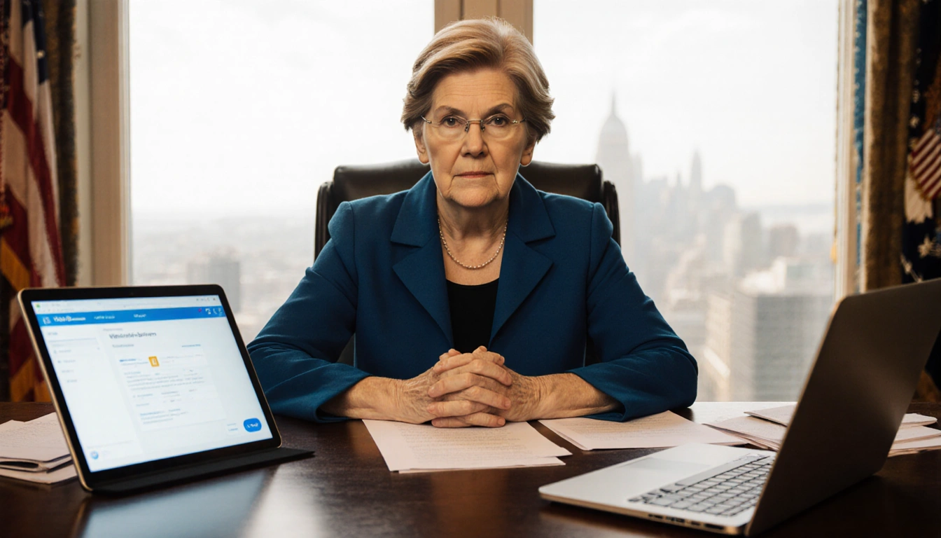 Elizabeth Warren sits at desk with tablet showing ChatGPT and scattered notes about AI policy