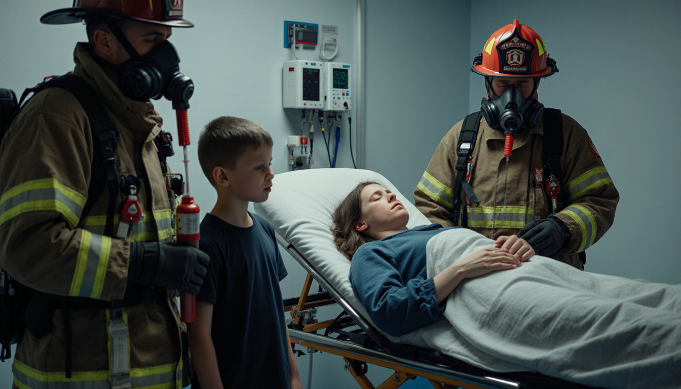 Three patients lying on hospital gurney with firefighters in gear and medical monitors nearby