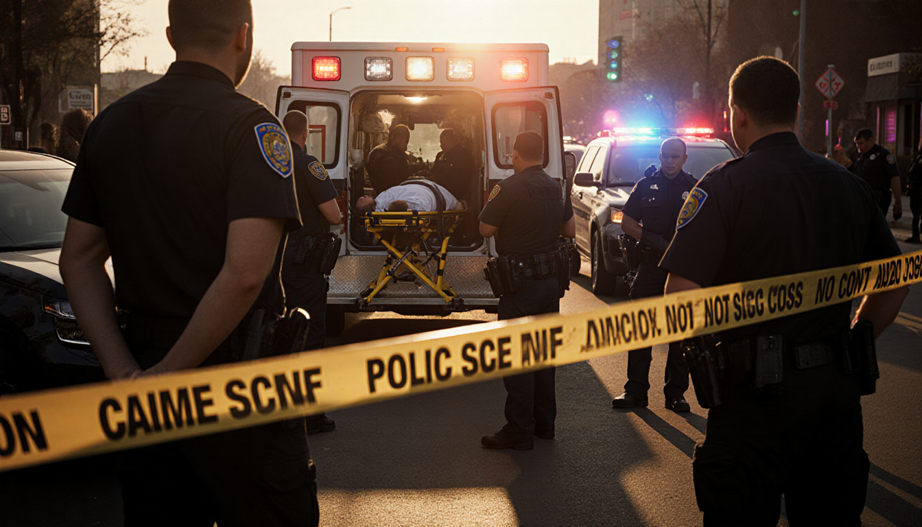 Emergency responders securing crime scene with caution tape and ambulance victim on stretcher and police lights flashing