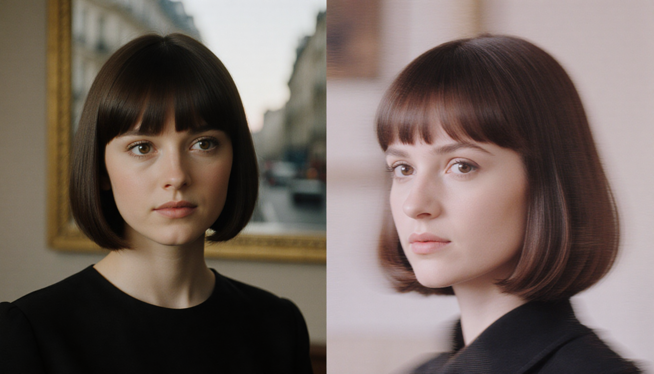 Emily shows original bangs hairstyle on left and new bob haircut on right with hairstyle transformation