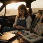 Emily Karst sits in car working on needlepoint kit with warm sunlight illuminating her hands and leather-bound journal