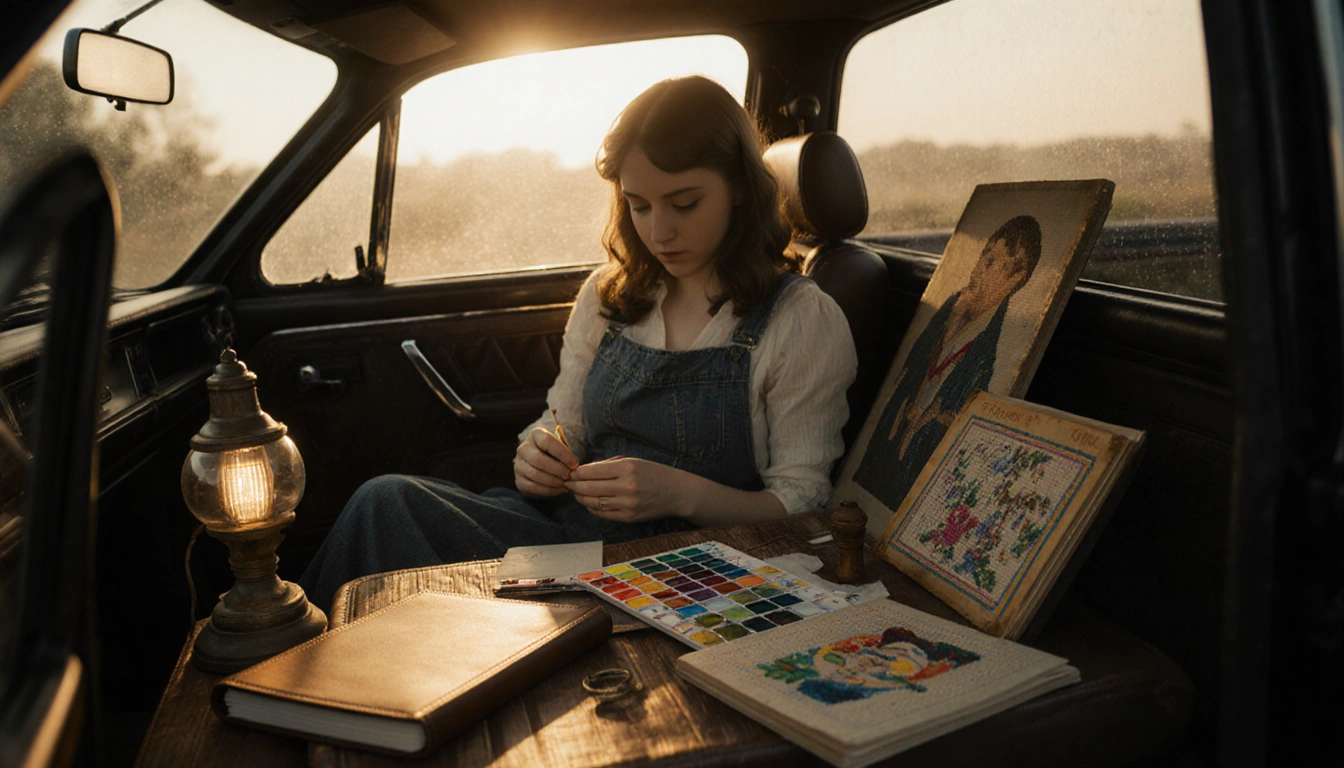 Emily Karst sits in car working on needlepoint kit with warm sunlight illuminating her hands and leather-bound journal