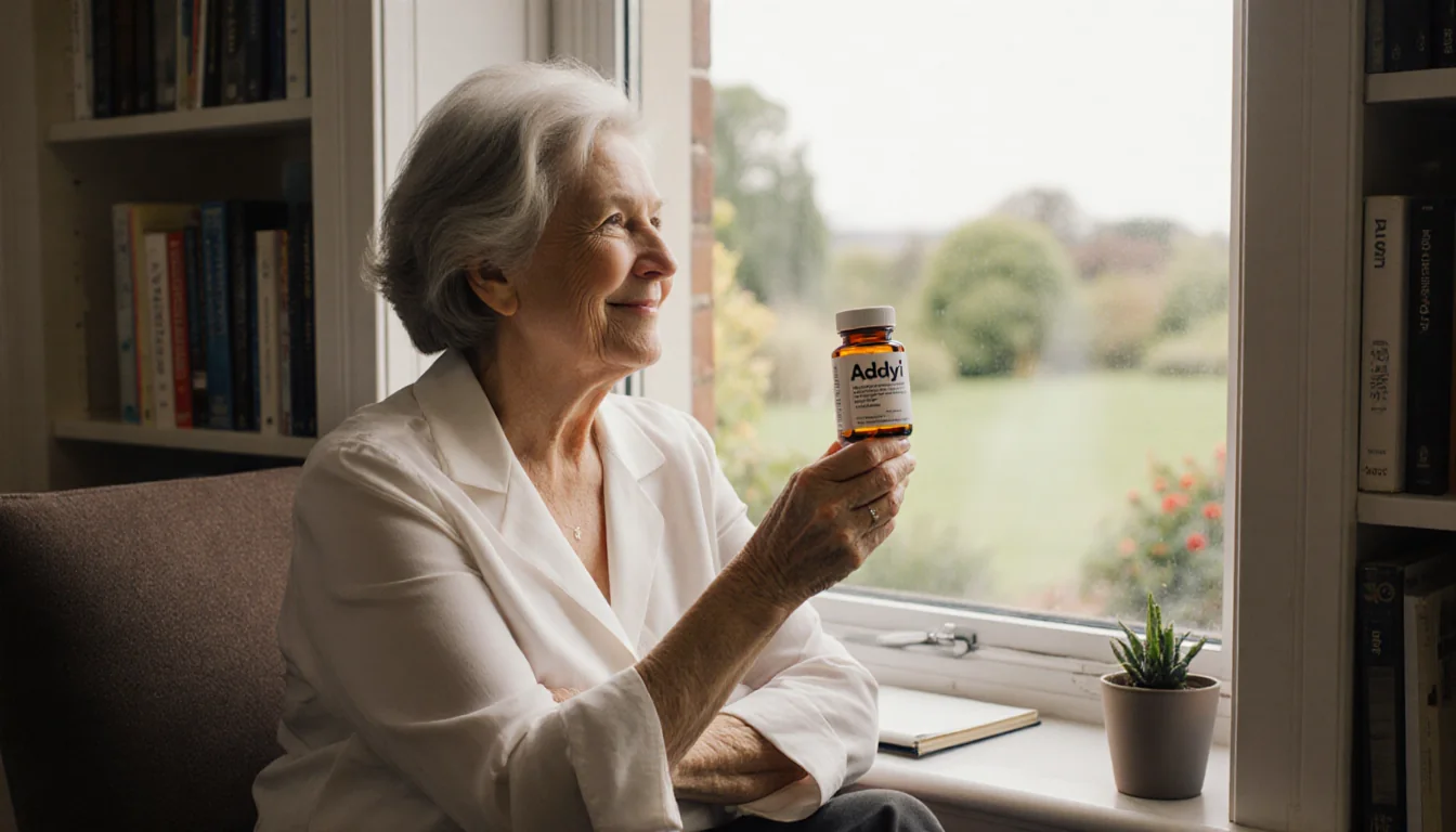Middle-aged woman sits with Addyi pill bottle and garden view arms crossed in confident pose