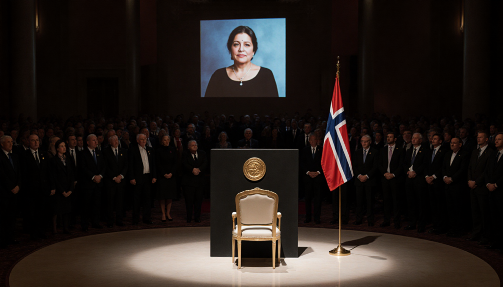 Empty chair sits at podium with Nobel Peace Prize medal and flag waves with faint image of Maria Corina Machado on screen.
