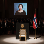 Empty chair sits at podium with Nobel Peace Prize medal and flag waves with faint image of Maria Corina Machado on screen.