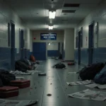 Hallway flickers with scattered backpacks and flyers under fluorescent lights and crooked school sign visible.