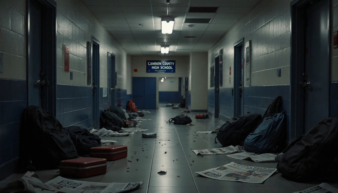 Hallway flickers with scattered backpacks and flyers under fluorescent lights and crooked school sign visible.