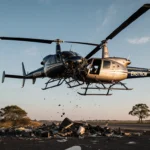Helicopters collide mid‑air with tangled rotors and scattered debris under golden hour sky over Hammonton