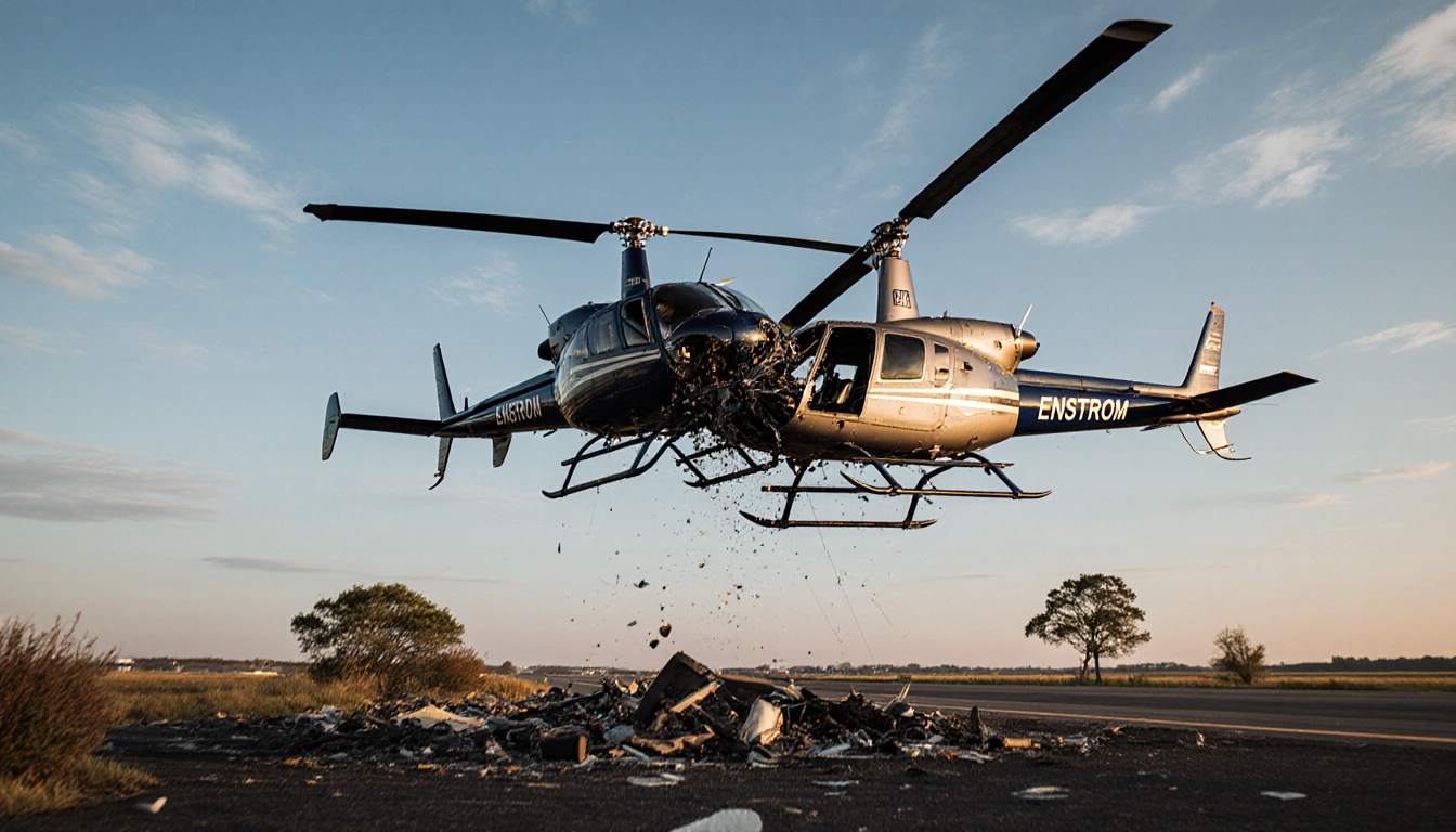 Helicopters collide mid‑air with tangled rotors and scattered debris under golden hour sky over Hammonton