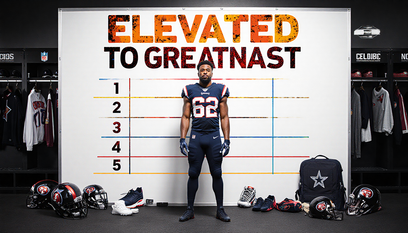 Marcus Epps stands before a whiteboard with practice squad elevations football gear around him in a room.