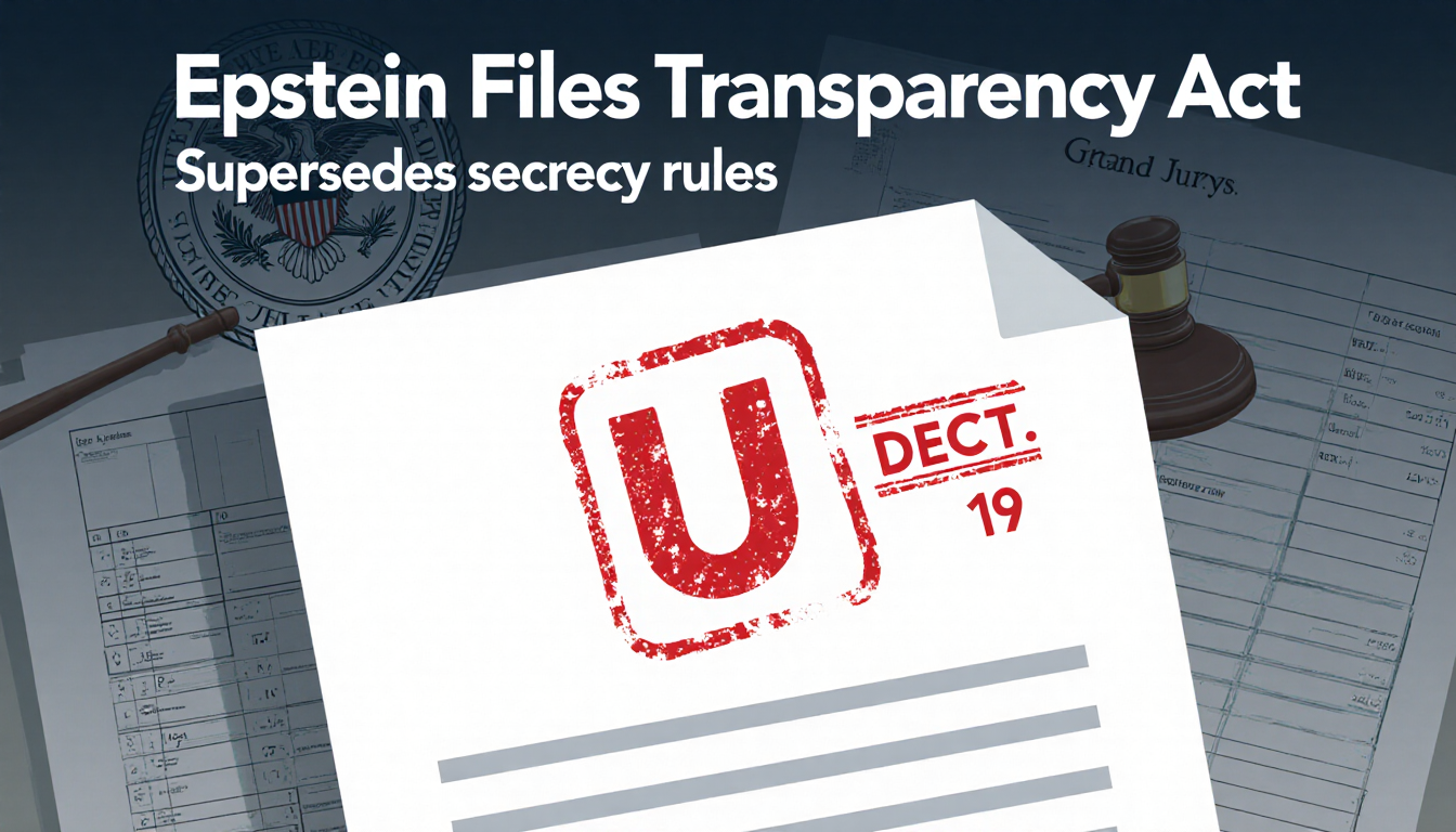 Document with red U stamp showing text supersedes secrecy rules on a transparency background and a faint gavel near the seal