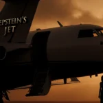 Vintage private jet soaring across sunset sky with metallic