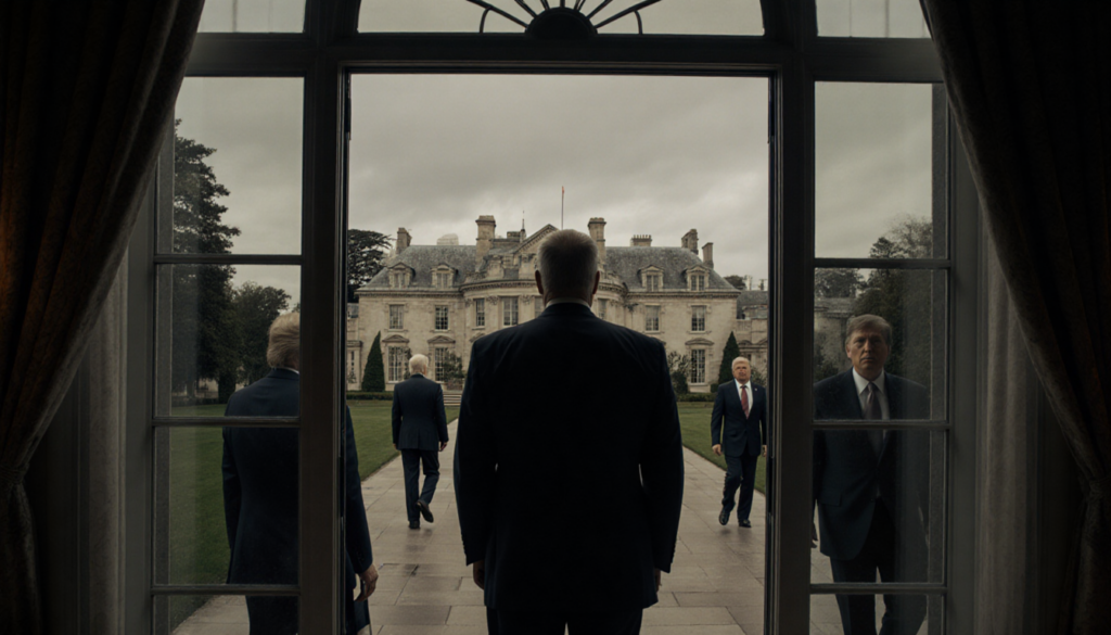 Jeffrey Epstein standing proudly behind an open window with shadowed Trump, Clinton and Gates nearby in a luxurious estate