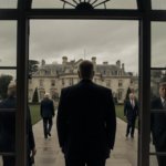 Jeffrey Epstein standing proudly behind an open window with shadowed Trump, Clinton and Gates nearby in a luxurious estate