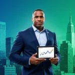 Eric Adams standing on cityscape with tablet showing cryptocurrency graph in a green to blue gradient