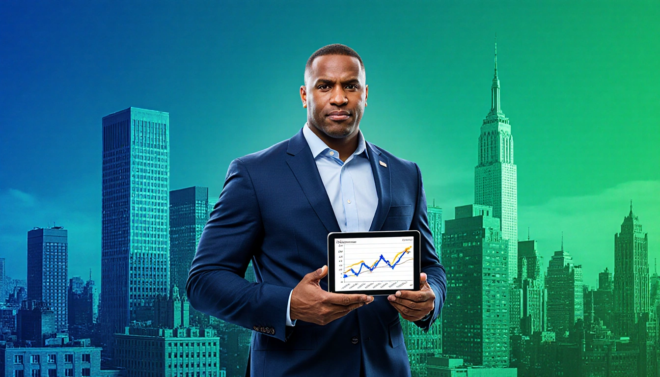 Eric Adams standing on cityscape with tablet showing cryptocurrency graph in a green to blue gradient