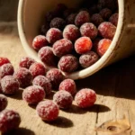 Bowl spilling candied cranberries onto rustic tablecloth with warm sunlight highlighting deep red and sugar sheen