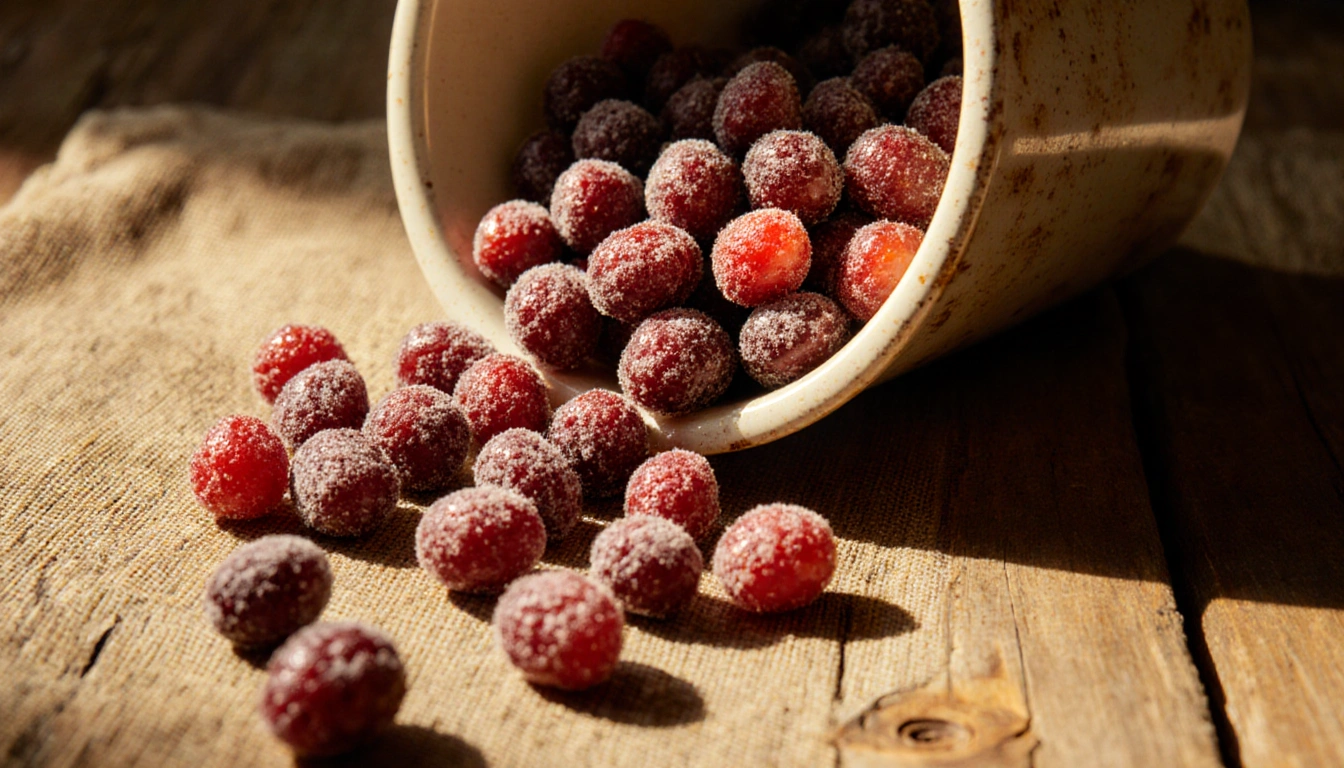 Bowl spilling candied cranberries onto rustic tablecloth with warm sunlight highlighting deep red and sugar sheen