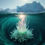 Bioluminescent microbes float with tendrils reaching toward a crystal glowing against Europa’s icy blue‑green background.