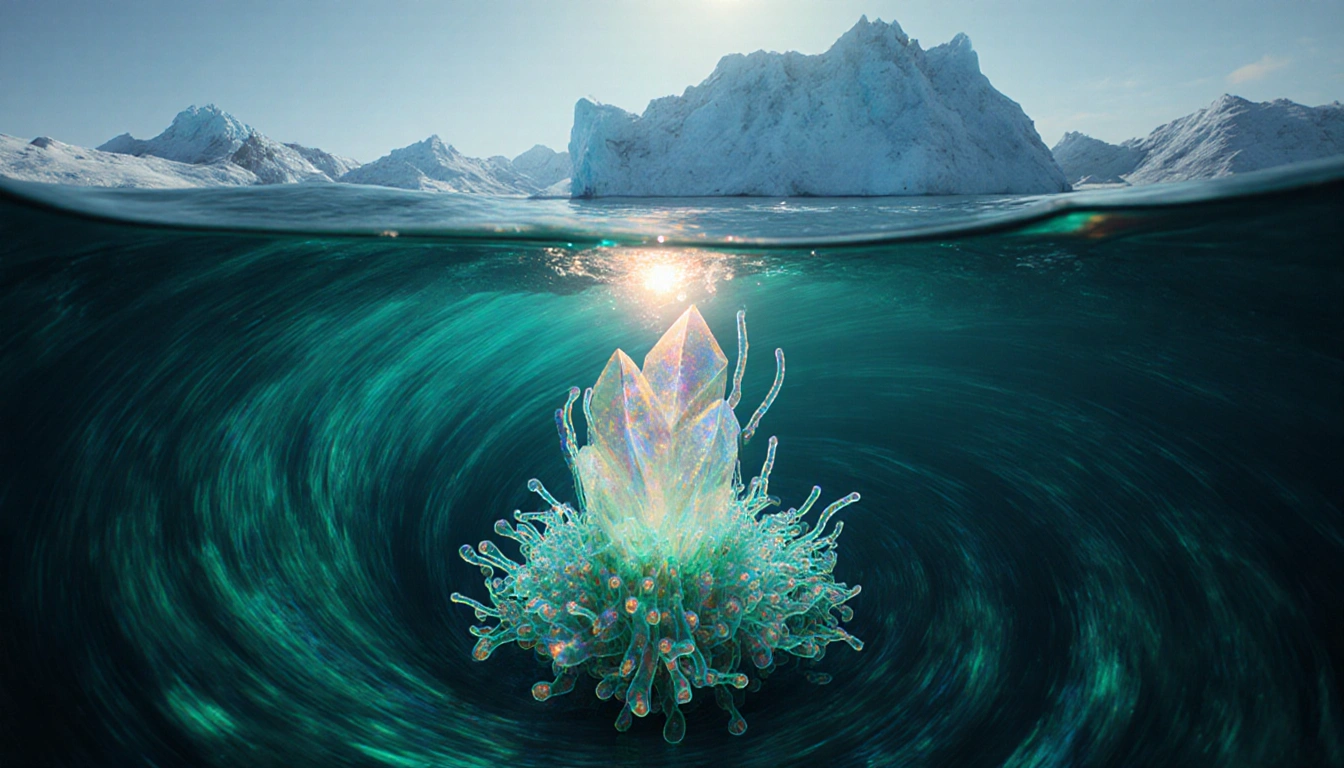 Bioluminescent microbes float with tendrils reaching toward a crystal glowing against Europa’s icy blue‑green background.