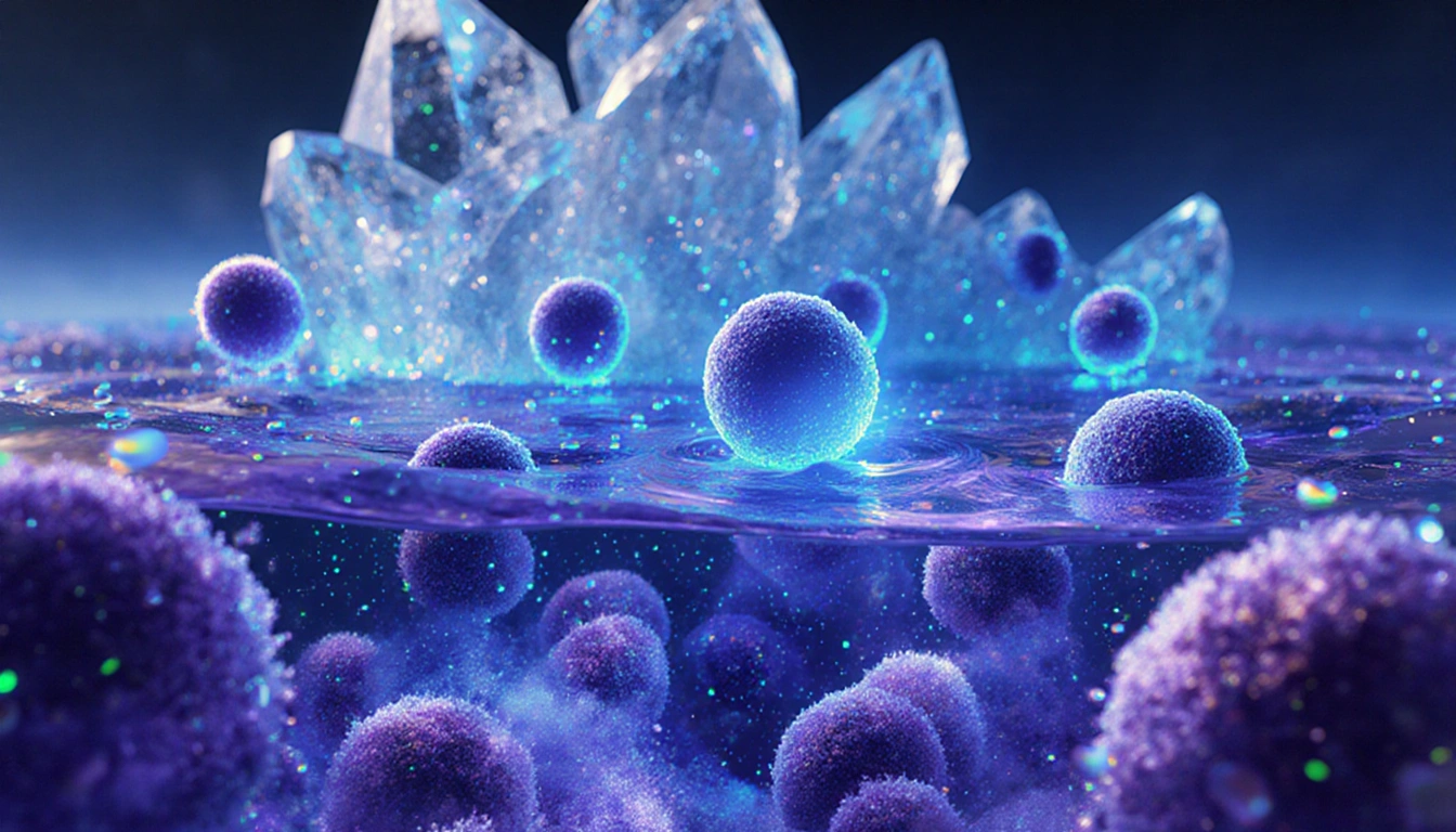 Microbial cells swim through glowing radioactive ions in an ocean with swirling iridescent clouds and icy crystal lattice