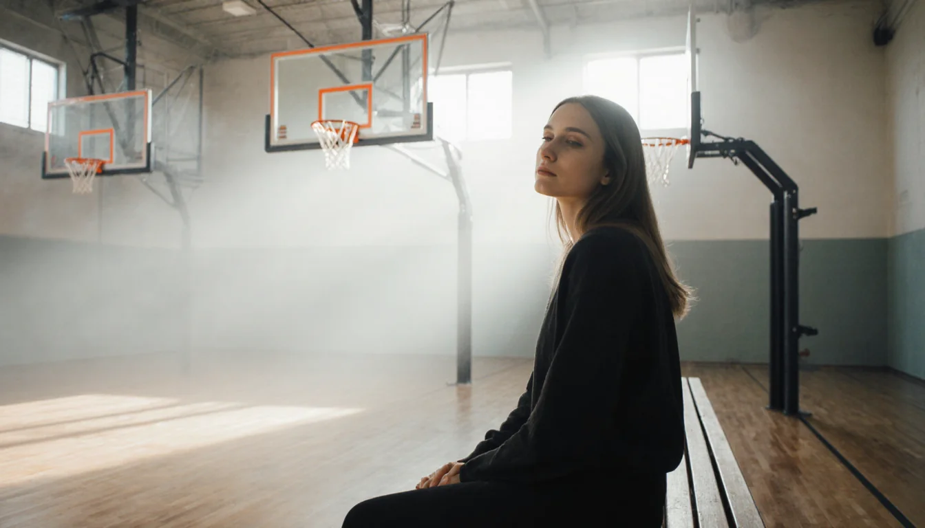 Eva Erickson sits on a bench with her back against a basketball hoop on a wooden floor with soft lighting creating warmth.