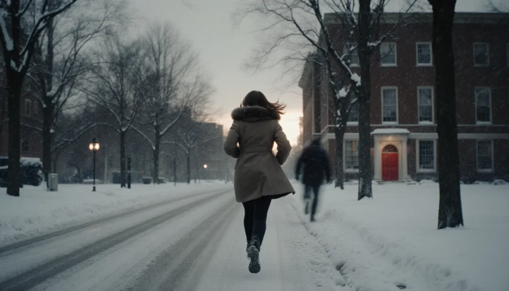 Eva Erickson sprinting down a Brown University street with a coat toward a red door building and a blurred figure behind her.