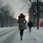 Eva Erickson sprinting down a Brown University street with a coat toward a red door building and a blurred figure behind her.