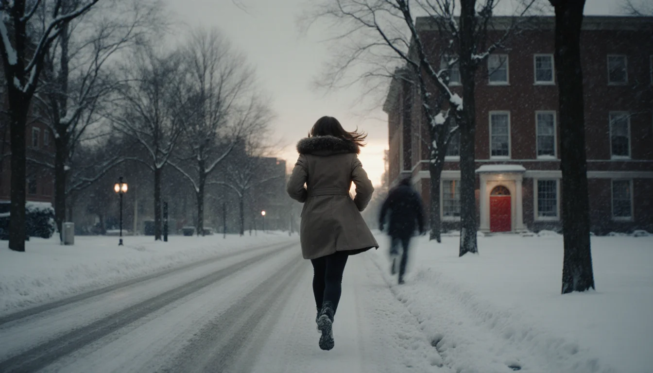 Eva Erickson sprinting down a Brown University street with a coat toward a red door building and a blurred figure behind her.
