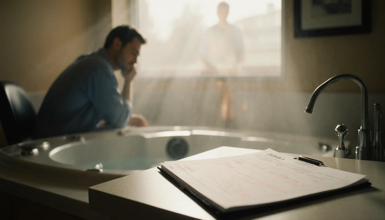 Medical chart shows ketamine prescription with jacuzzi and blurred Matthew Perry in background