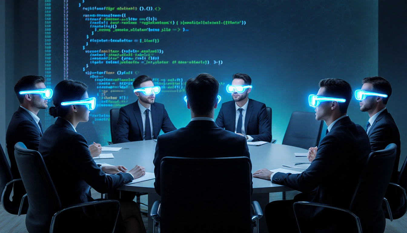 Executives sit around a large conference table with glowing blue futuristic glasses and a code-inspired background.