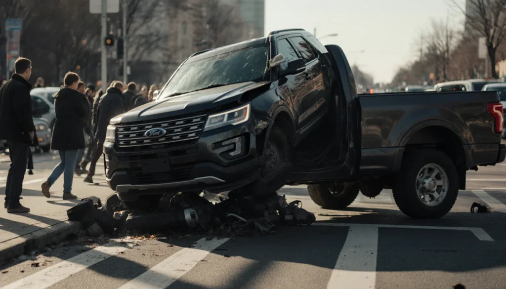 Stolen Ford Explorer crashing into a pickup truck at a busy intersection with twisted front and damaged engine