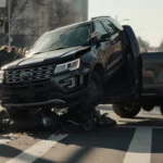 Stolen Ford Explorer crashing into a pickup truck at a busy intersection with twisted front and damaged engine
