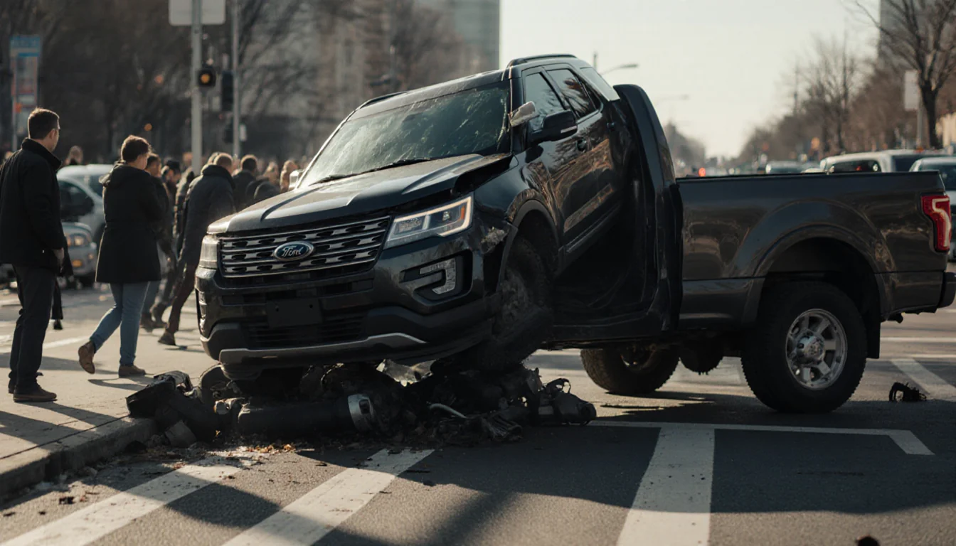 Stolen Ford Explorer crashing into a pickup truck at a busy intersection with twisted front and damaged engine